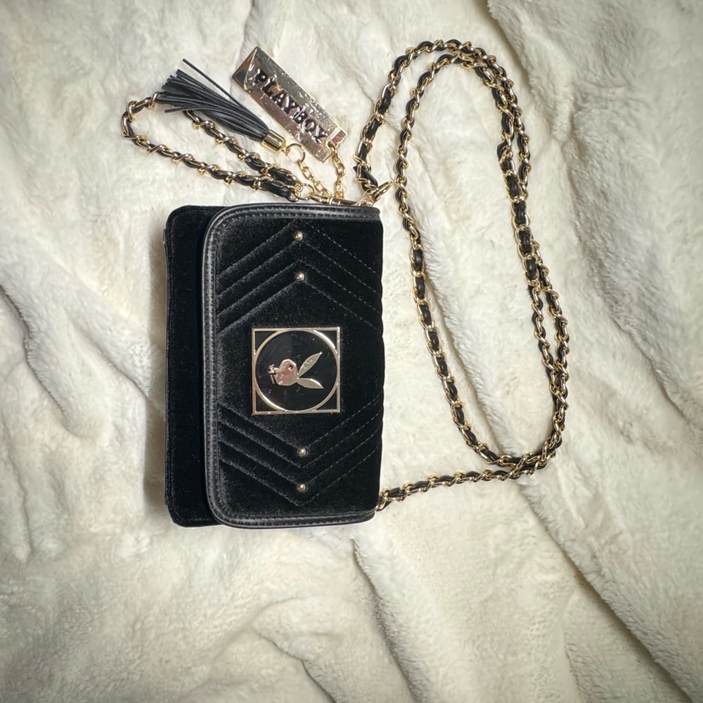 Black Velvet Crossbody Bag with Gold Chain